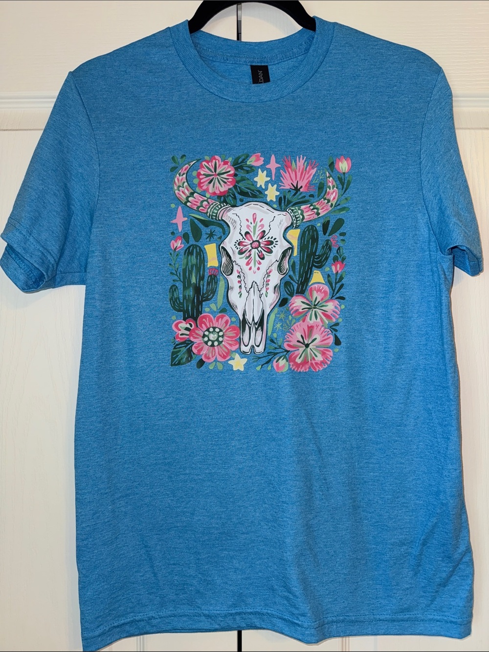 Blue Floral Bull Skull Graphic Tee - Women's Short Sleeve